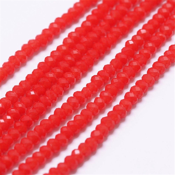 Rød glasperle, linse facet, 1,5x2,5mm, 1 streng